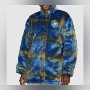 Blue & Green Oversized Faux Fur Plaid Button Front Pea Coat